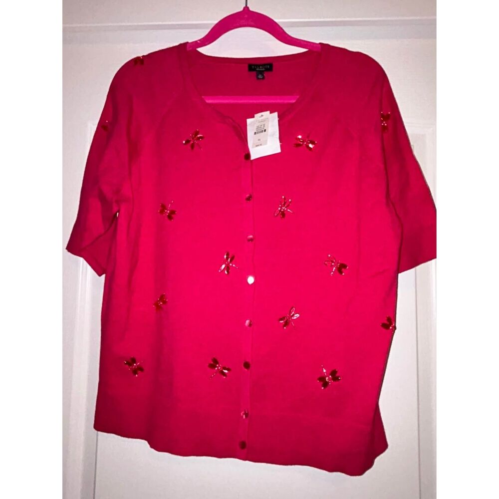 NWT Talbots pink dragonfly beaded short elbow sleeve cardigan woman's XL